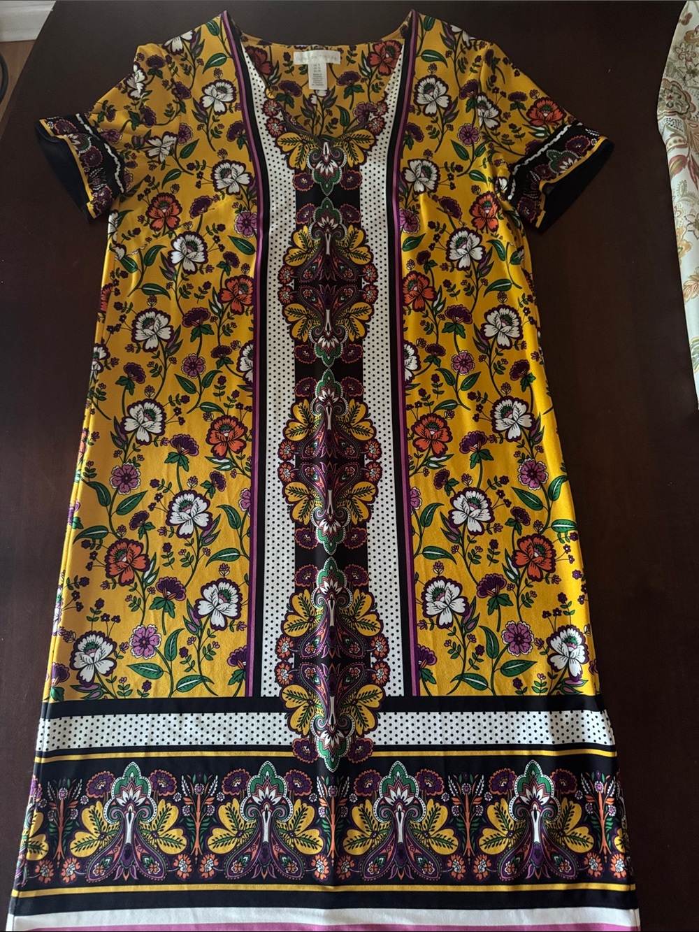London Times Yellow Floral Border-Print Short Sleeve Dress